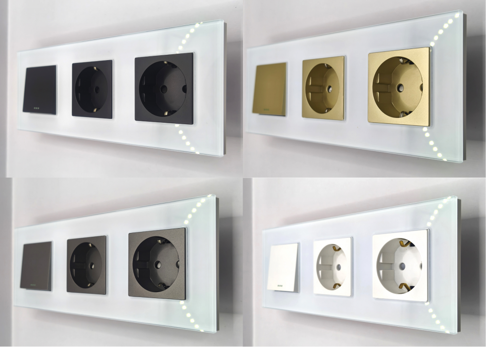 Intrerupator mecanic + priza 3 doze configurabil cu rama de sticla (simplu, cap scar/cruce, priza cu wifi, etc), [3]