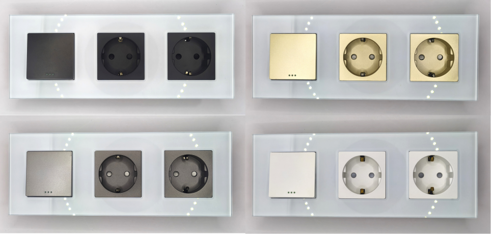 Intrerupator mecanic + priza 3 doze configurabil cu rama de sticla (simplu, cap scar/cruce, priza cu wifi, etc), [4]