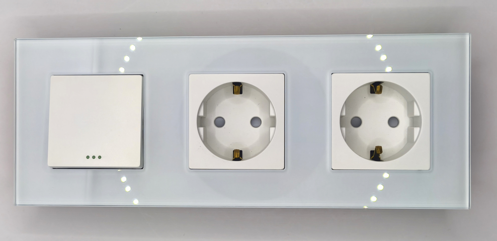 Intrerupator mecanic + priza 3 doze configurabil cu rama de sticla (simplu, cap scar/cruce, priza cu wifi, etc), [2]