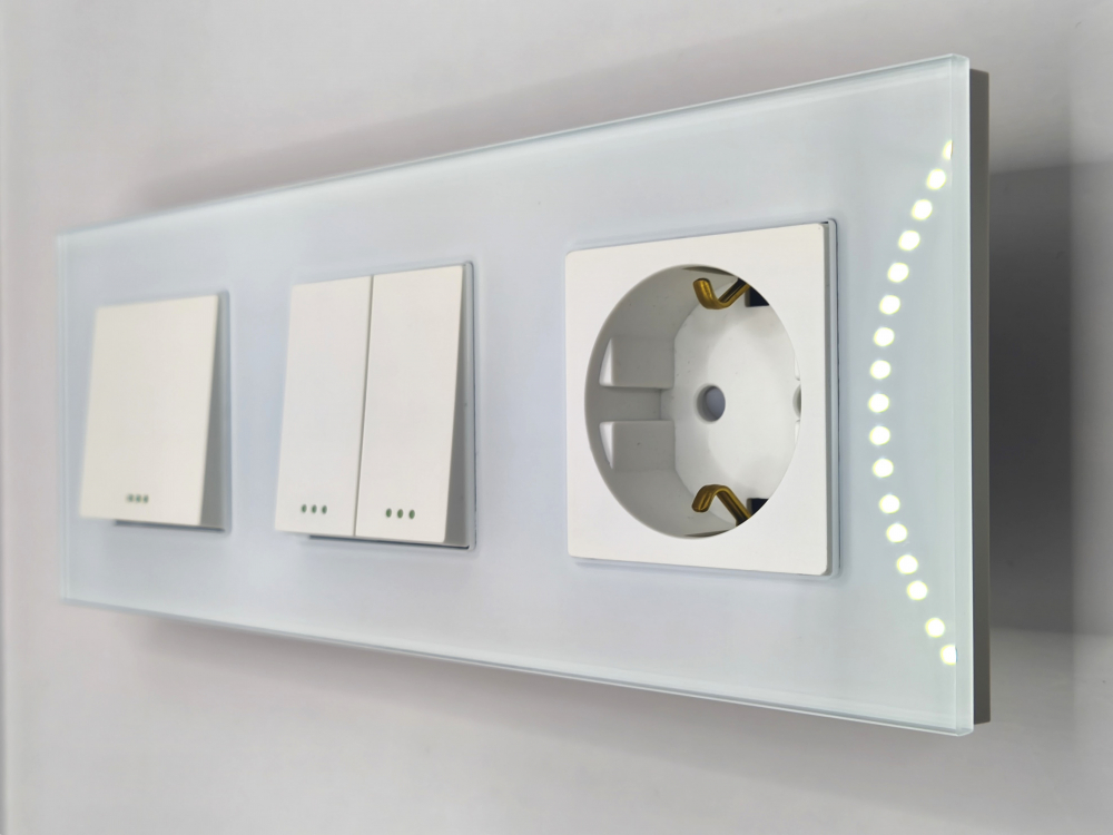 Intrerupator mecanic + priza 3 doze configurabil cu rama de sticla (simplu, cap scar/cruce, priza cu wifi, etc) [1]