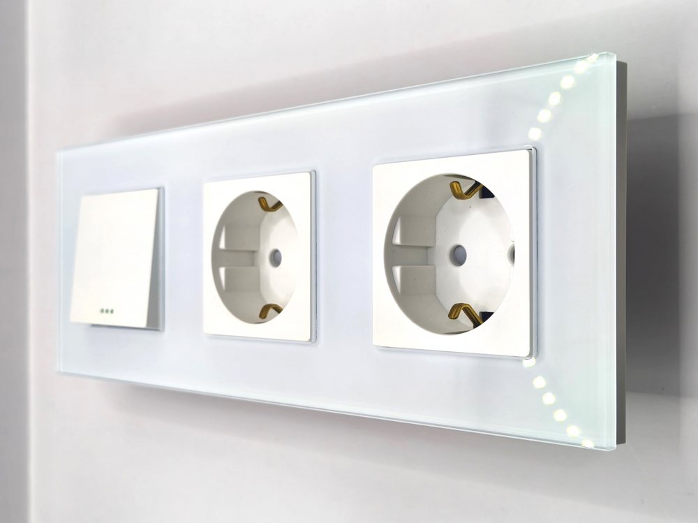 Intrerupator mecanic + priza 3 doze configurabil cu rama de sticla (simplu, cap scar/cruce, priza cu wifi, etc), [1]
