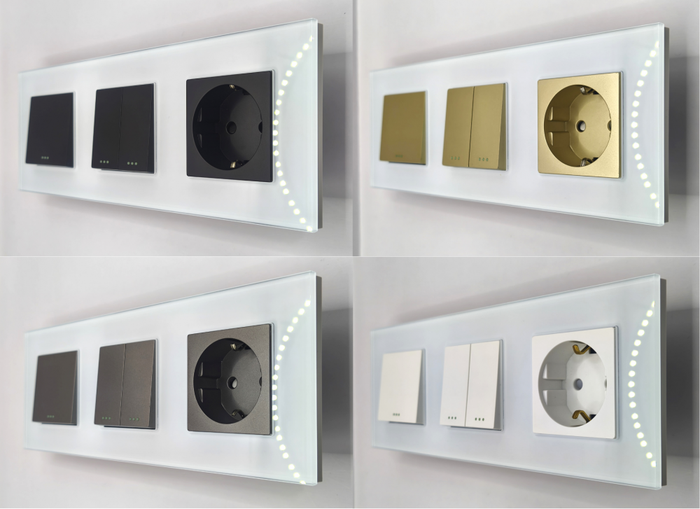 Intrerupator mecanic + priza 3 doze configurabil cu rama de sticla (simplu, cap scar/cruce, priza cu wifi, etc) [3]