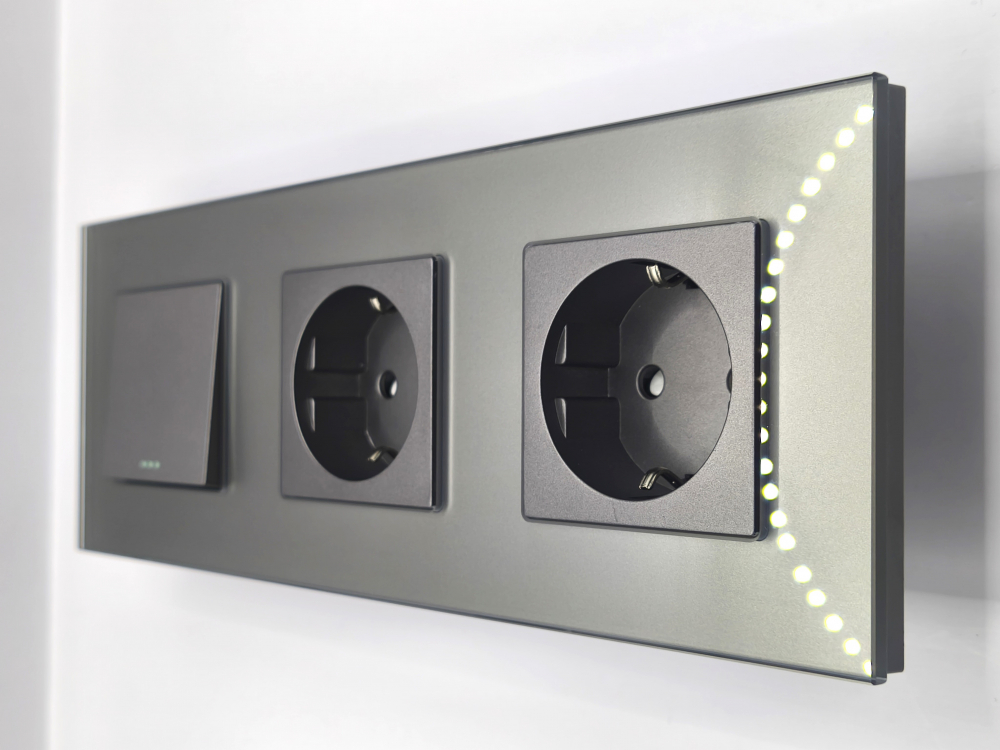 Intrerupator mecanic + priza 3 doze configurabil cu rama de sticla (simplu, cap scar/cruce, priza cu wifi, etc), [1]