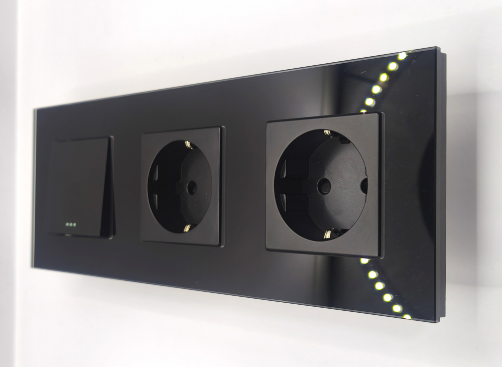 Intrerupator mecanic + priza 3 doze configurabil cu rama de sticla (simplu, cap scar/cruce, priza cu wifi, etc), [1]