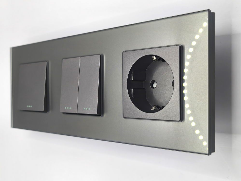 Intrerupator mecanic + priza 3 doze configurabil cu rama de sticla (simplu, cap scar/cruce, priza cu wifi, etc) [1]
