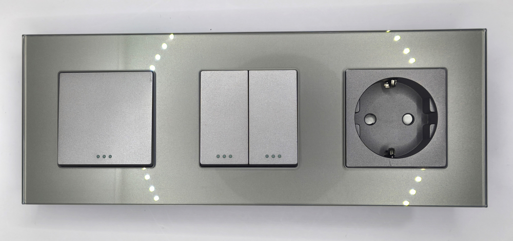 Intrerupator mecanic + priza 3 doze configurabil cu rama de sticla (simplu, cap scar/cruce, priza cu wifi, etc) [2]