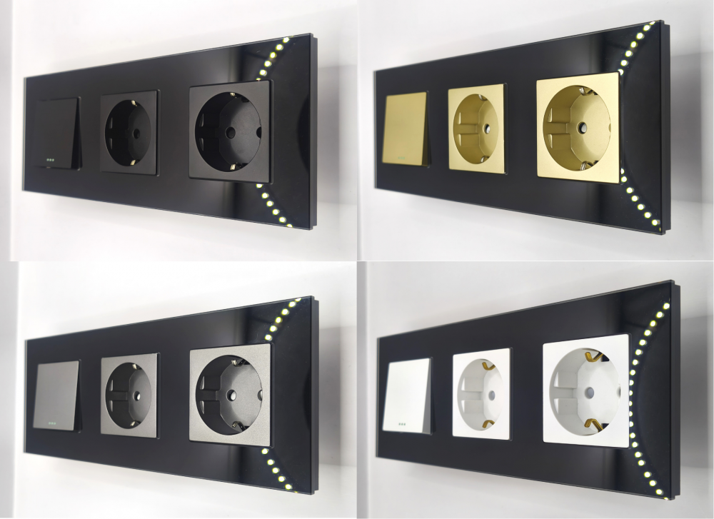 Intrerupator mecanic + priza 3 doze configurabil cu rama de sticla (simplu, cap scar/cruce, priza cu wifi, etc), [3]