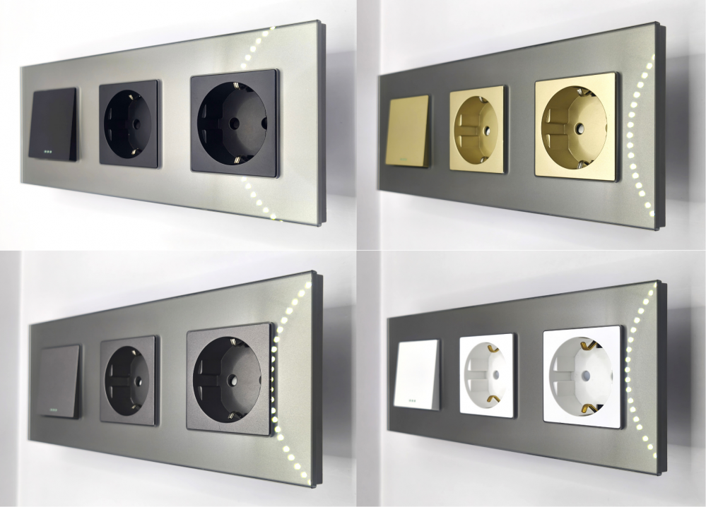 Intrerupator mecanic + priza 3 doze configurabil cu rama de sticla (simplu, cap scar/cruce, priza cu wifi, etc), [3]