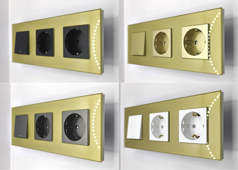 Intrerupator mecanic + priza 3 doze configurabil cu rama de sticla (simplu, cap scar/cruce, priza cu wifi, etc), [3]