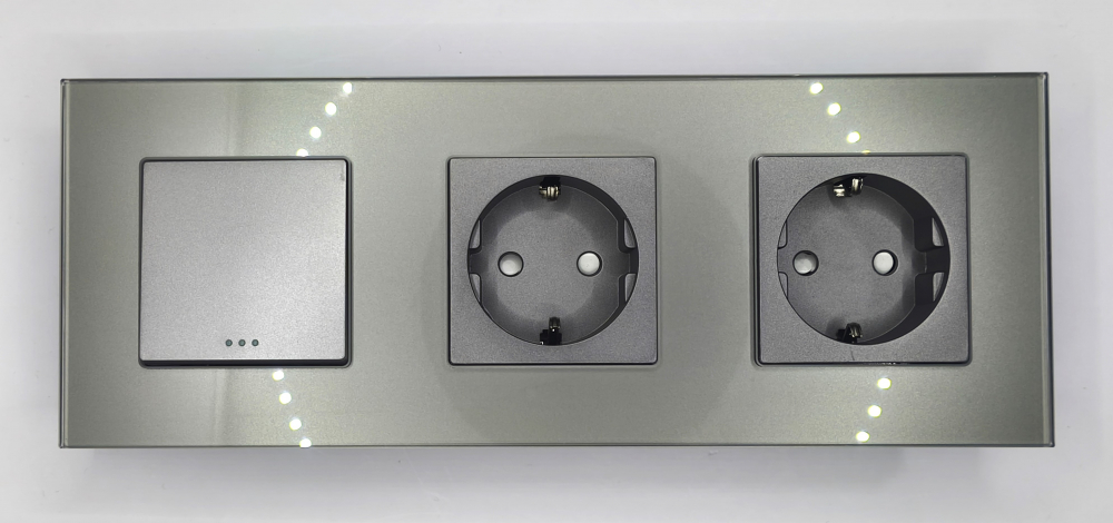 Intrerupator mecanic + priza 3 doze configurabil cu rama de sticla (simplu, cap scar/cruce, priza cu wifi, etc), [2]