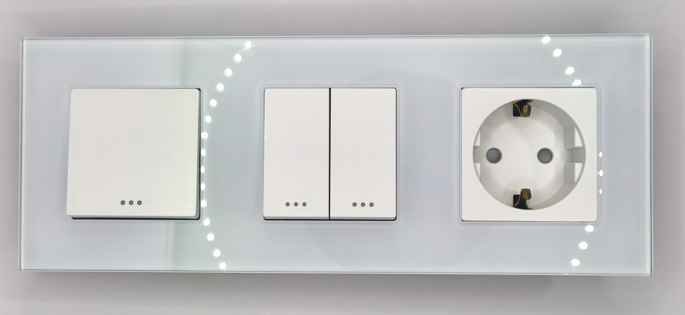 Intrerupator mecanic + priza 3 doze configurabil cu rama de sticla (simplu, cap scar/cruce, priza cu wifi, etc) [2]