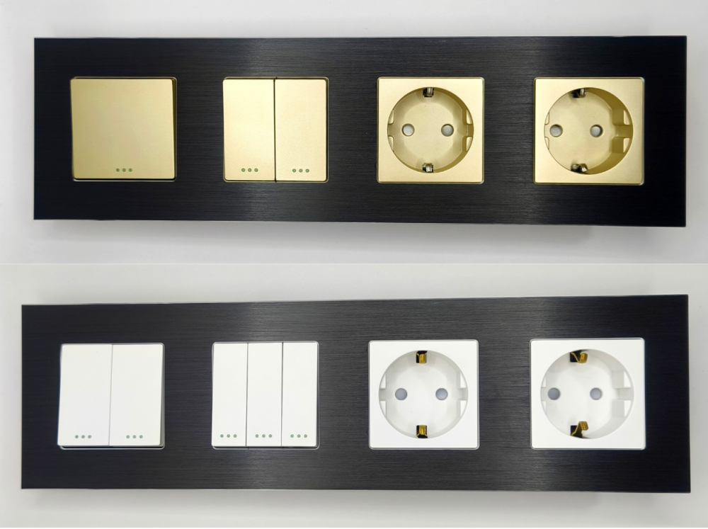 Intrerupator mecanic + priza 4 doze configurabil cu rama de aluminiu (simplu, cap scar/cruce, priza cu wifi, etc). [11]