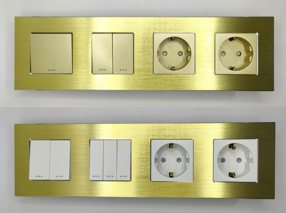 Intrerupator mecanic + priza 4 doze configurabil cu rama de aluminiu (simplu, cap scar/cruce, priza cu wifi, etc) [4]