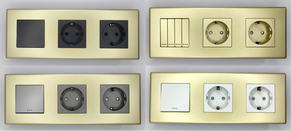 Intrerupator mecanic + priza 4 doze configurabil cu rama de plastic (simplu, cap scar/cruce, priza cu wifi, etc). [4]