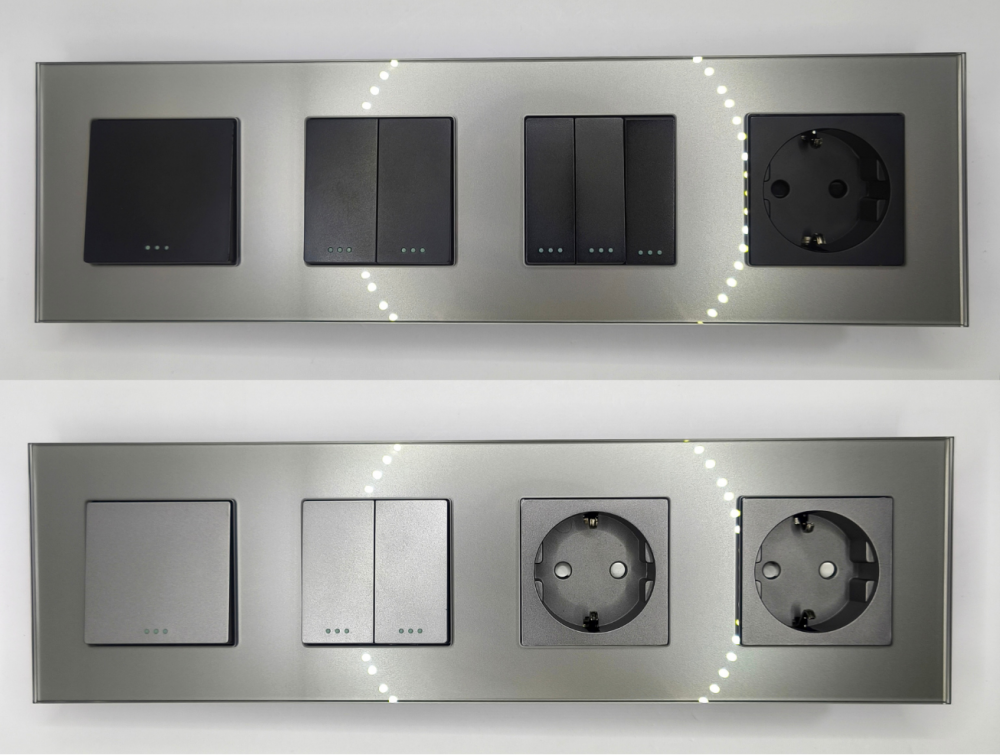 Intrerupator mecanic + priza 4 doze configurabil cu rama de sticla (simple, cap scar/cruce, prize cu wifi, etc). [6]