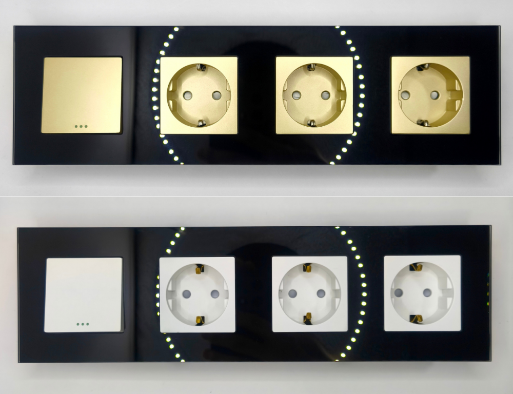 Intrerupator mecanic + priza 4 doze configurabil cu rama de sticla (simple, cap scar/cruce, prize cu wifi, etc). [7]