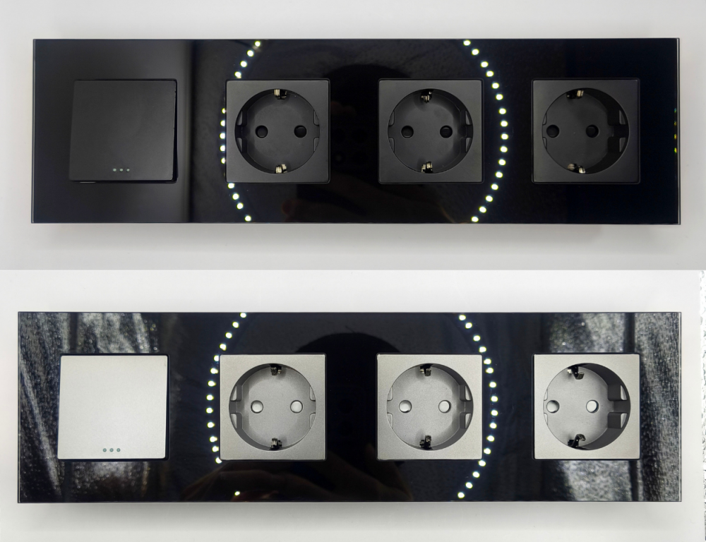 Intrerupator mecanic + priza 4 doze configurabil cu rama de sticla (simple, cap scar/cruce, prize cu wifi, etc). [6]