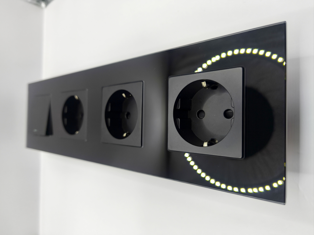 Intrerupator mecanic + priza 4 doze configurabil cu rama de sticla (simple, cap scar/cruce, prize cu wifi, etc), [1]