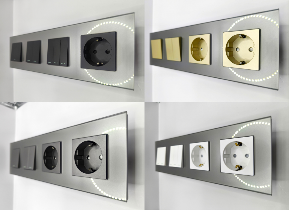 Intrerupator mecanic + priza 4 doze configurabil cu rama de sticla (simple, cap scar/cruce, prize cu wifi, etc). [5]