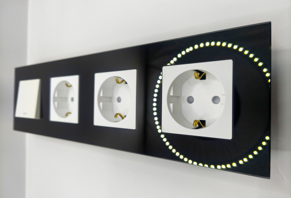 Intrerupator mecanic + priza 4 doze configurabil cu rama de sticla (simple, cap scar/cruce, prize cu wifi, etc), [7]