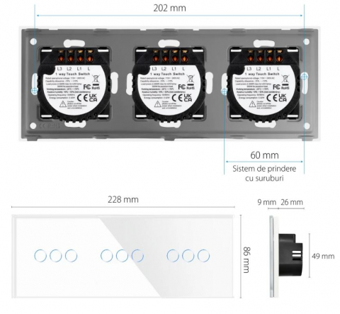 Intrerupator tactil 3 doze configurabil (simplu, dublu, triplu, cap scara, dimabil, etc.) [7]