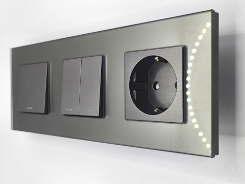 Sticla + Mecanice - Intrerupator mecanic + priza 3 doze configurabil cu rama de sticla (simplu, cap scar/cruce, priza cu wifi, etc)