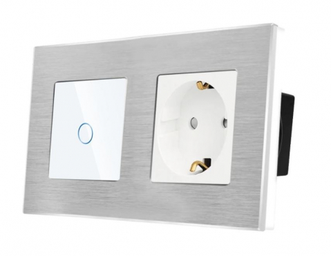 Aluminiu + Touch / tactil - Intrerupator tactil + priza 2 doze configurabil cu rama de aluminiu (simple, cap scar/cruce, prize cu wifi, etc).