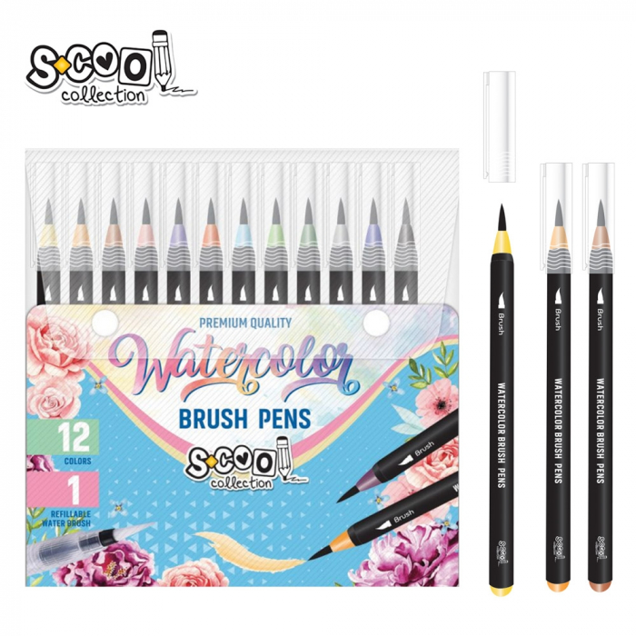 Set markere cu varf tip pensula pe baza de apa + pensula cu rezervor, 12+1 - S-COOL [1]