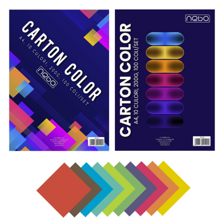 CARTON - Carton color A4, 200g, 10 culori, 100 coli/set - NEBO