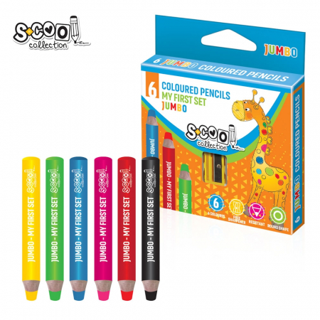CREIOANE COLORATE - Creioane color JUMBO 8 mm + ascutitoare, 6 cul/set - S-COOL