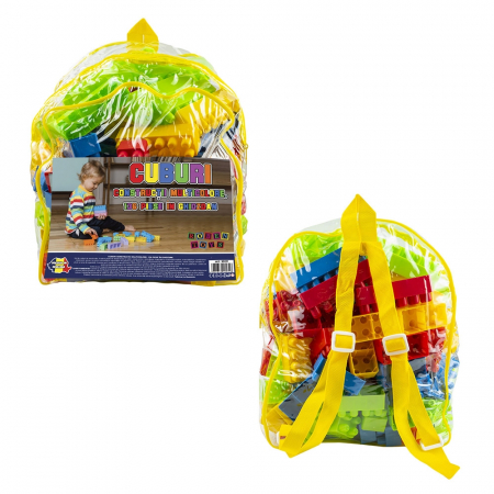 Cuburi constructie si jocuri constructii - Cuburi constructii, multicolore, 136 piese/ghiozdan - ROBENTOYS