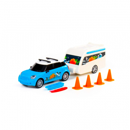 Set Masini - Set Motociclete - Masinuta vacanta + rulota, 37.6x9.3x10 cm, Polesie
