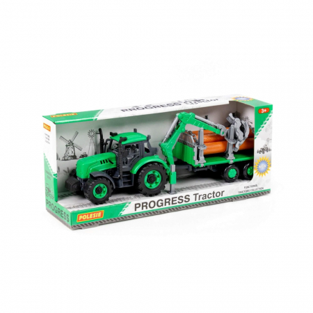 Masini Plastic - Metal - Tractor cu remorca lemne - Progresso, 40x11.5x17  cm, Polesie