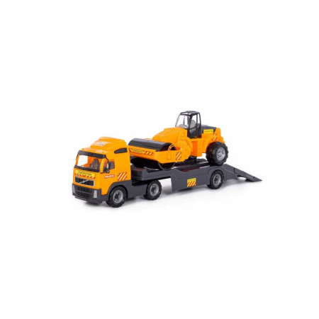 Masini Plastic - Metal - Trailer+cilindru asfalt - Volvo PowerTruck, 89x19x25 cm, Wader