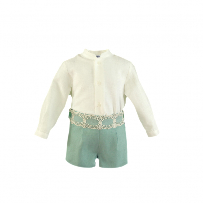 Camasa cu maneca lunga si pantaloni scurti alb cu albastru bebe baiat Miranda [1]