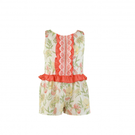 Salopete - Salopeta fete Portocalie cu flori,dantela si volanase Miranda 4-10 ani