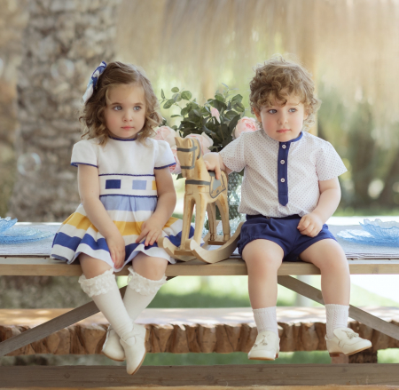 Tricou cu pantaloni scurti alb cu albastru bebe baiat Miranda [2]