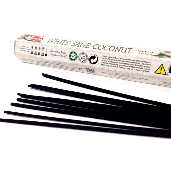 Bețișoare parfumate HEM White Sage Coconut cutie 20 buc, aromă salvie albă și cocos, fabricate în India [2]