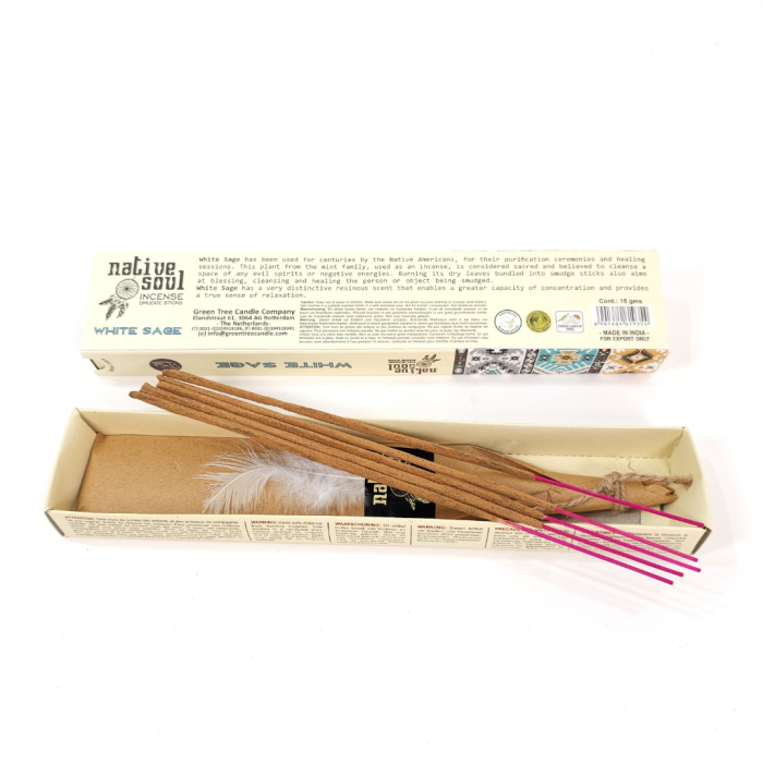 Bețișoare parfumate White Sage Native Soul Green Tree salvie albă 12 buc 15 gr ambalaj șamanic și pană [2]