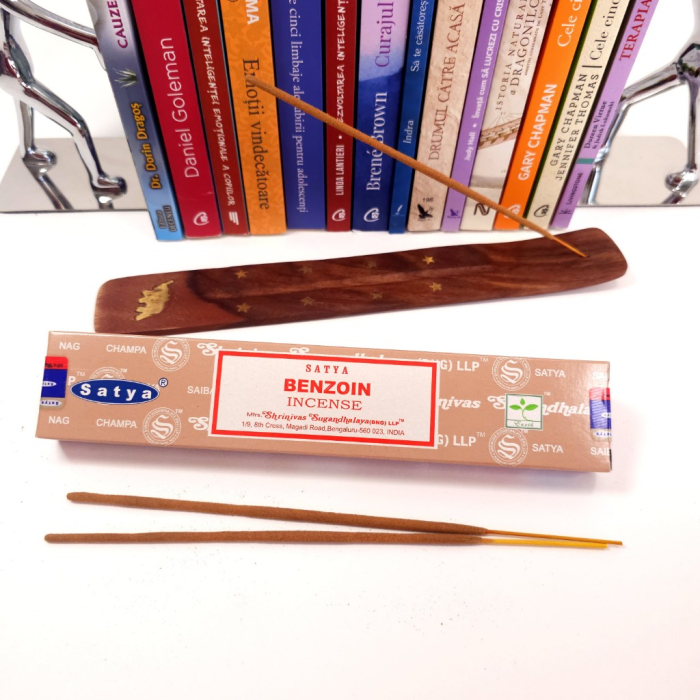 Bețișoare parfumate Satya Benzoin 15 gr, aromă rășinoasă dulce vanilie, rulate manual India, cutie carton reciclabil [3]