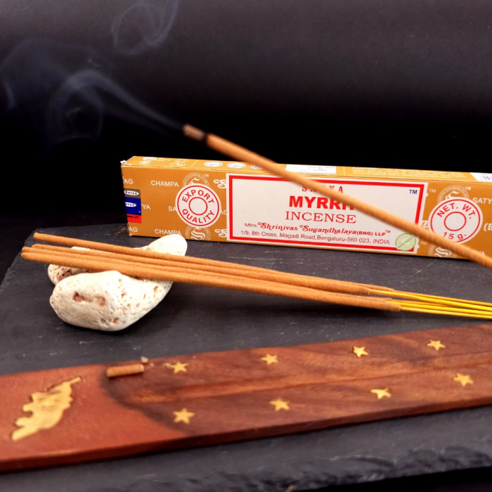 Bețișoare parfumate Satya Myrrh smirnă – 10 buc lucrate manual India, ~20 cm, ardere 25 min, aromă rășinoasă [4]
