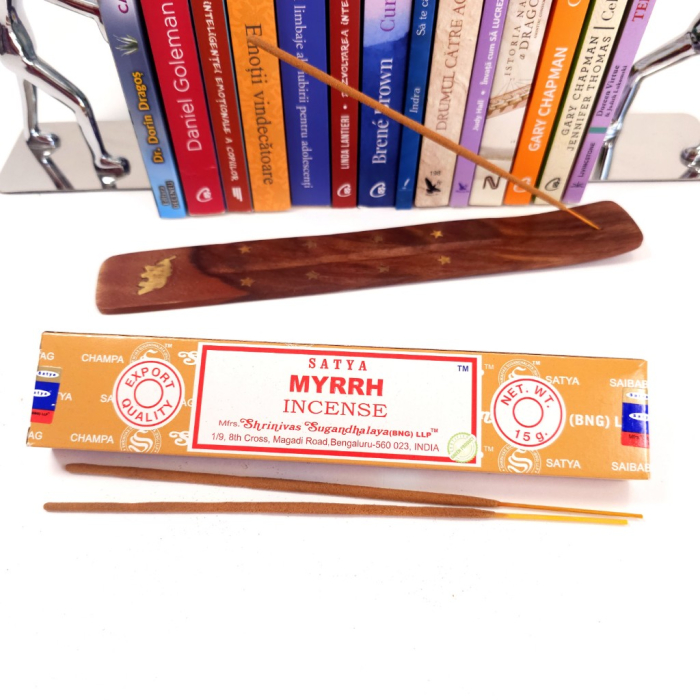 Bețișoare parfumate Satya Myrrh smirnă – 10 buc lucrate manual India, ~20 cm, ardere 25 min, aromă rășinoasă [3]