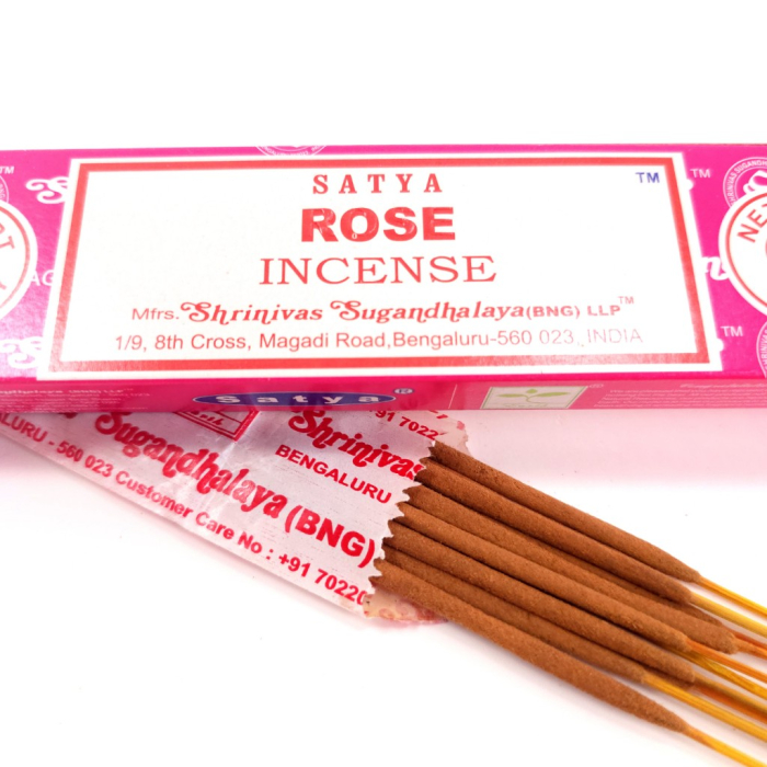 Bețișoare parfumate Satya Rose 15 gr, aromă florală trandafir, rulate manual India, aromaterapie meditație [2]