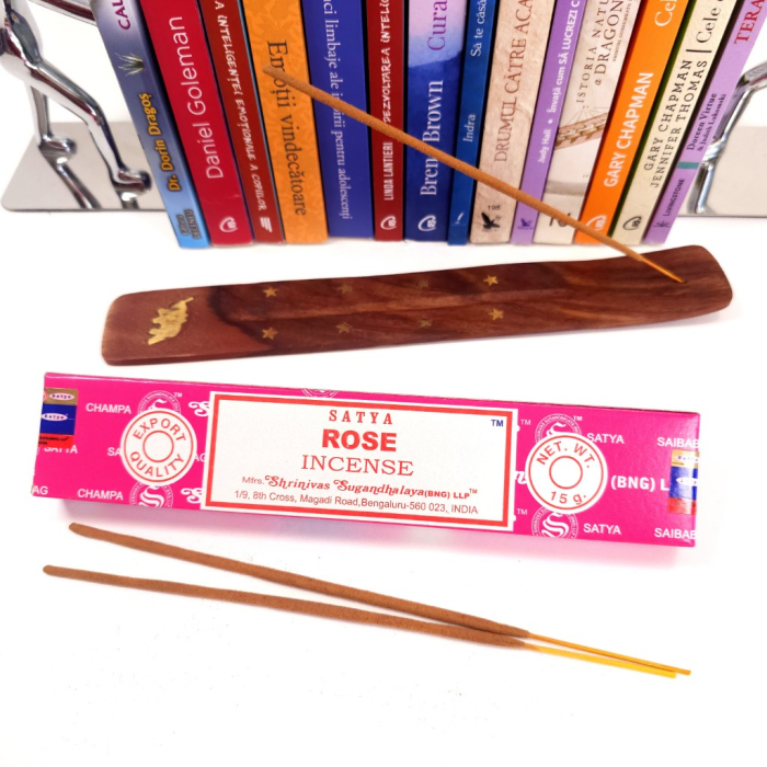 Bețișoare parfumate Satya Rose 15 gr, aromă florală trandafir, rulate manual India, aromaterapie meditație [3]