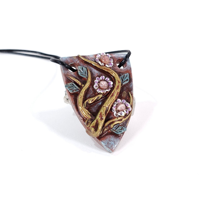 Pandantiv unicat Ramuri Înflorite din lut polimer și rodocrozit natural – design boho artistic handmade [3]