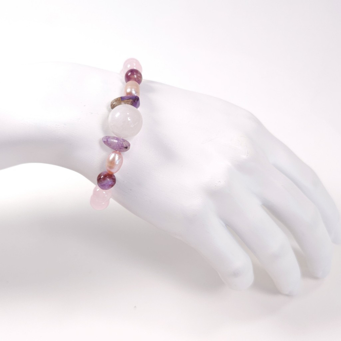 Brățară elastică cuarț roz cu charoit și perle – handmade România [4]