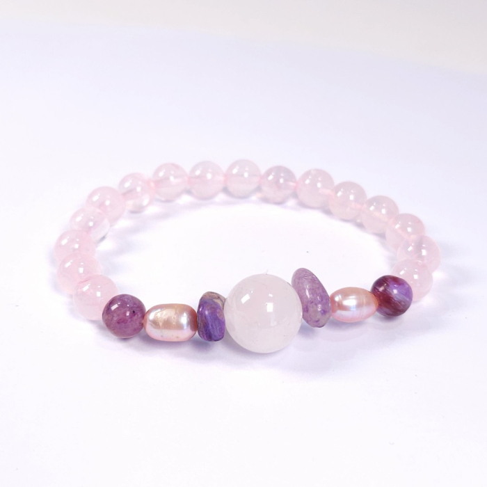 Brățară elastică cuarț roz cu charoit și perle – handmade România [2]