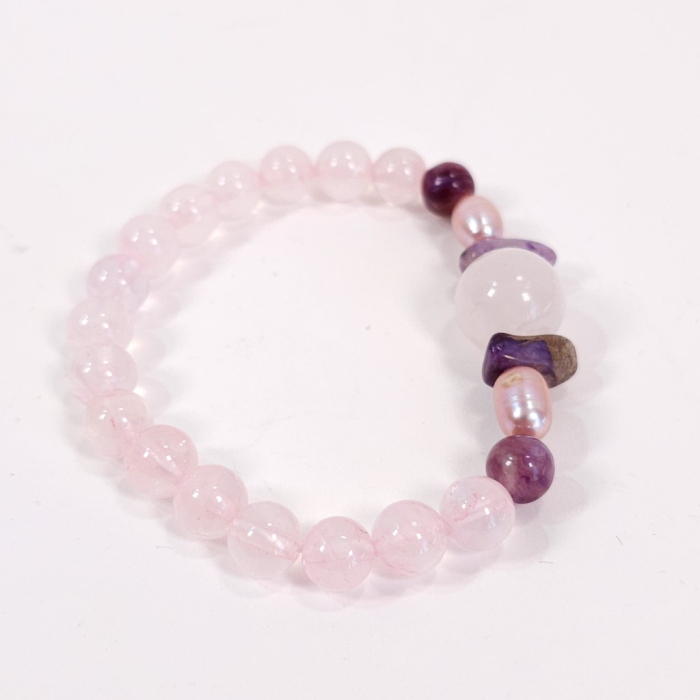 Brățară elastică cuarț roz cu charoit și perle – handmade România [9]