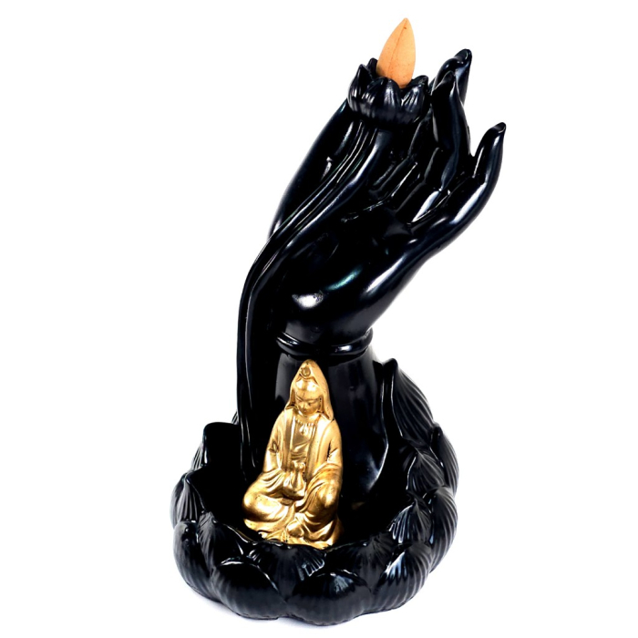 Candela ceramică backflow cu floare de lotus și figurină Buddha aurie – efect fum curgător [6]
