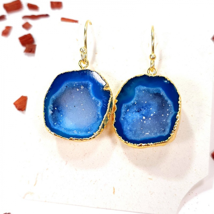 Cercei din agate druzy albastre, placati cu aur [4]